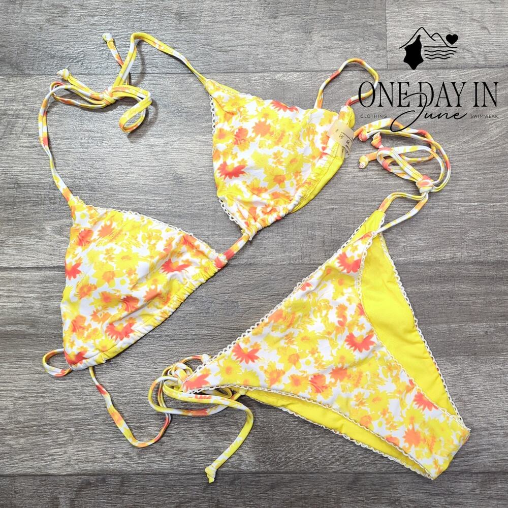 Adisputent Triangle Tie Side Bikini Swimsuit Yellow Orange Floral Size S